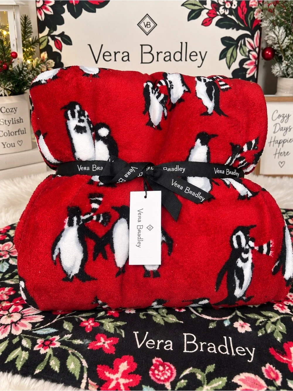 Vera Bradley Playful Penguins Plush Throw Blanket Red 50” x 80” NWT
